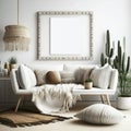 Boho Living Room Interior with Horizontal Frame Mockup - 3D Rendered Illustration Royalty Free Stock Photo