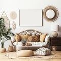 Boho Living Room Interior with Horizontal Frame Mockup - 3D Rendered Illustration Royalty Free Stock Photo