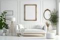 White Boho Modern Living Room Interior, Mockup Photo Frame, The White Couch Near Empty White Wall - Generative AI