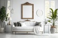 Boho Modern Living Room Interior, Mockup Photo Frame, The White Couch Near Empty White Wall - Generative AI Royalty Free Stock Photo