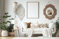 Boho Living Room Interior, Mockup Photo Frame, The White Couch Near Empty White Wall - Generative AI Royalty Free Stock Photo