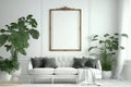 Mockup Photo Frame Boho Living Room Interior, The White Couch Near Empty White Wall - Generative AI Royalty Free Stock Photo