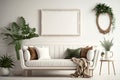 Mockup Boho Living Room Interior Photo Frame, The White Couch Near Empty White Wall - Generative AI Royalty Free Stock Photo