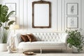 Boho Living Room Interior Photo Frame Mockup, The White Couch Near Empty White Wall - Generative AI