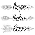 Boho, Love, Hope Arrows. Hand drawn Signs with feathers. Decorative Arrows for adult coloring pages, ethnic patterned