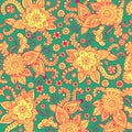 Boho mehndi ornament on green backdrop. Henna mehndi psychedelic tribal patten background for print, design, textile, fabric.