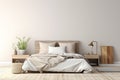 Boho minimal bedroom interior style with Home decoration mock up. Cozy beige tine stylish, furniture, comfortable bed, Modern