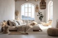 Boho minimal bedroom interior style with Home decoration mock up. Cozy beige tine stylish, furniture, comfortable bed, Modern