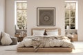 Boho minimal bedroom interior style with Home decoration mock up. Cozy beige tine stylish, furniture, comfortable bed, Modern