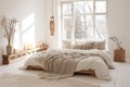 Boho minimal bedroom interior style with Home decoration mock up. Cozy beige tine stylish, furniture, comfortable bed, Modern