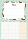 Boho monthly calendar with sage smudge sticks, feathers and candles elements and notes list. Hygge planner. Cute cartoon style