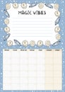 Boho monthly calendar with white candles and quartz crystals decorative elements, place for notes and to do list. Cozy lagom