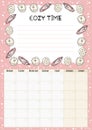 Boho monthly calendar with white candles and quartz crystals decorative elements, place for notes and to do list. Cozy lagom