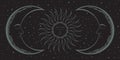 Boho moon background. Vector mystical cover in ethnic style with sun and crescents with faces, surrounded stars on black