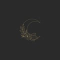 Boho moon. Flowers in trendy linear minimal style, golden color, outline emblem or logo for jewelry, cosmetics, beauty and tattoo Royalty Free Stock Photo