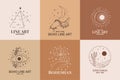 Boho mystic doodle esoteric logo set. Magic line art icon with pyramid, sunset, sun, hand, moon, eye Royalty Free Stock Photo