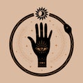 Boho mystic esoteric symbol. Hand drawn magic icon simple feminine logo with sun moon hand eye snake. Vector illustration