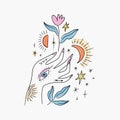 Boho mystical Reiki fine art hand drawn style logo or icon of magic hand. Floral celestial moon herbal set. Perfect for Royalty Free Stock Photo