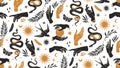 Boho mystical seamless pattern with hands, snakes, moon, sun, bird, moth and floral elements in trendy tattoo style.