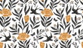 Boho mystical seamless pattern. Vector background with flower, bird and floral elements in trendy bohemian tattoo style.