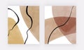 Boho nude and brown hand painting watercolor wall art prints with lines. Modern design backgrounds