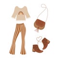 Boho outfit. Striped flared trousers, rainbow blouse, fringed bag and leather boots