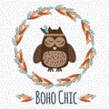 Boho owl in feather wreath in hand drawn style and