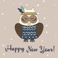 Boho owl in hand drawn style. Winter, seasonal greeting card, banner, vector background.