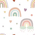 Boho pastel rainbows pattern with coluds, rain, hearts, stars