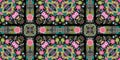 Boho patchwork flower banner with a gypsy retro style. Repeatable vintage washi tape effect print in black and red