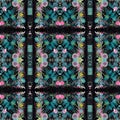 Boho patchwork flower pattern with a gypsy retro style. Repeatable vintage cloth effect print in black and red gothic