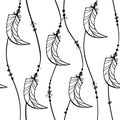 Boho pattern curve feather jewelry seamless ornament , wave striped lines with feathers shape , black isolated on white , hand dra