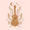 Boho poster decorated floral guitar. Trendy celestial bohemian symbol on pink background. Celestial hand drawn linocut