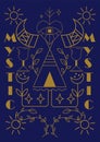 Boho poster. Mystic shaman hut, moon sun and botanical gold line element. Magic minimal card or social media stories
