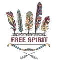 Boho print with feathers, arrows and Indian bow. Vector design with ornamental phrase - Free spirit.