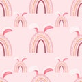 Boho rainbow bunny ears seamless pattern isolated on pink background.