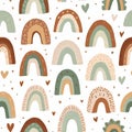 Boho rainbow pattern repeats across white background. Neutral pastel colors create a warm, inviting feel. Cute hearts and Royalty Free Stock Photo
