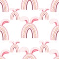 Boho rainbow seamless pattern with bunny ears isolated on white background.