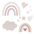 Boho rainbow watercolor clipart set whit hearts, cloud, drops. Hand painted illustration for baby shower, nursery decor.
