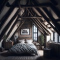 Boho Rustic Modern Interior Design Of Bedroom In Attic, Triangle Ceiling With Wooden Beams, Window With Sun Light, Generative AI Royalty Free Stock Photo