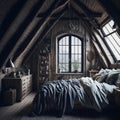 Boho Rustic Modern Interior Design Of Bedroom In Attic, Triangle Ceiling With Wooden Beams, Window With Sun Light, Generative AI Royalty Free Stock Photo