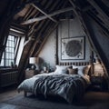 Boho Rustic Modern Interior Design Of Bedroom In Attic, Triangle Ceiling With Wooden Beams, Window With Sun Light, Generative AI Royalty Free Stock Photo