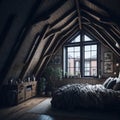 Boho Rustic Modern Interior Design Of Bedroom In Attic, Triangle Ceiling With Wooden Beams, Window With Sun Light, Generative AI Royalty Free Stock Photo