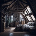 Boho Rustic Modern Interior Design Of Bedroom In Attic, Triangle Ceiling With Wooden Beams, Window With Sun Light, Generative AI Royalty Free Stock Photo