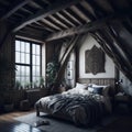 Boho Rustic Modern Interior Design Of Bedroom In Attic, Triangle Ceiling With Wooden Beams, Window With Sun Light, Generative AI Royalty Free Stock Photo