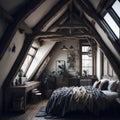 Boho Rustic Modern Interior Design Of Bedroom In Attic, Triangle Ceiling With Wooden Beams, Window With Sun Light, Generative AI Royalty Free Stock Photo