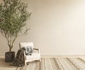 Boho scandinavian interior design living room. Mock up beige empty wall with armchair and olive tree. 3d render