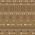 Boho seamless pattern with decorative arrows. Ethnic geometric print with golden glitter texture. Royalty Free Stock Photo