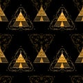 Boho seamless pattern with indian teepee or wigwam. Tribal icon of camping, adventure vibes