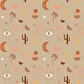 Boho seamless pattern. Moon phases and desert plants. Cactus and palm. Bohemian style for clothing. Vector illustration